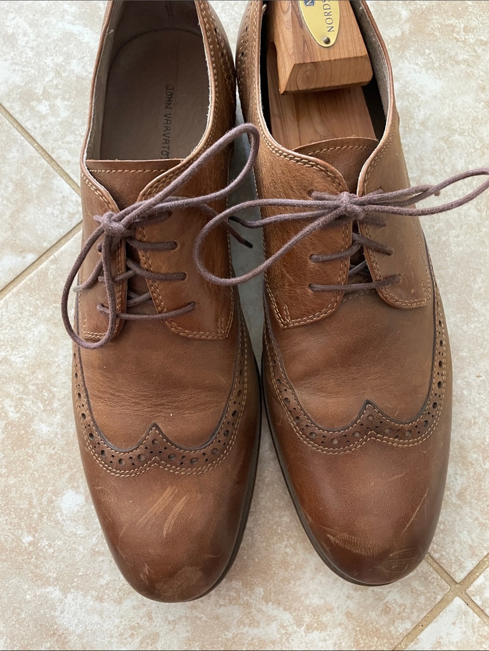 John Varvatos Brown Leather Wingtip Derby Oxfords